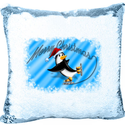Mermaid Sequin Christmas Pillow with Penguin Skating and Merry Christmas Thumbnail