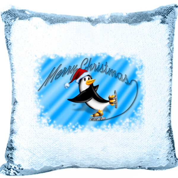 Mermaid Sequin Christmas Pillow with Penguin Skating and Merry Christmas Thumbnail