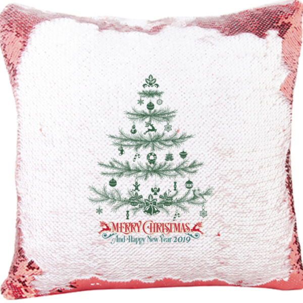 Merry Christmas with Tree and Ornaments Mermaid Sequin Pillow Thumbnail
