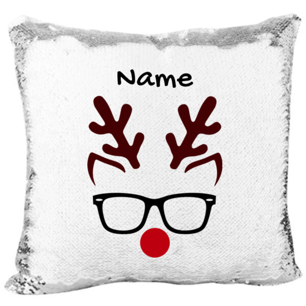 Mermaid Sequin Christmas Pillow with Eyeglass Reindeer for kids  Thumbnail