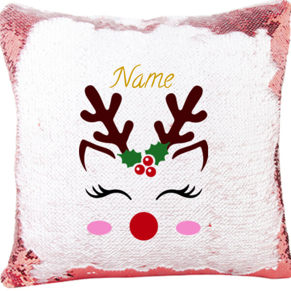 Mermaid Sequin Christmas Pillow with Beautiful Reindeer with lashes  Thumbnail