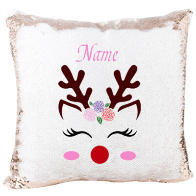 Mermaid Sequin Christmas Pillow with Beautiful Reindeer with lashes and flowers Thumbnail