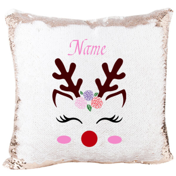 Mermaid Sequin Christmas Pillow with Beautiful Reindeer with lashes and flowers Thumbnail