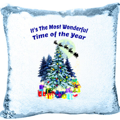 Merry Christmas with Presents and Tree Mermaid Sequin Pillow Thumbnail