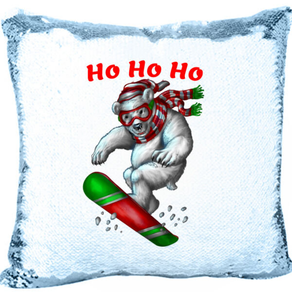 Polar Bear Snowboarding Ho Ho Ho Sequin Pillow Thumbnail