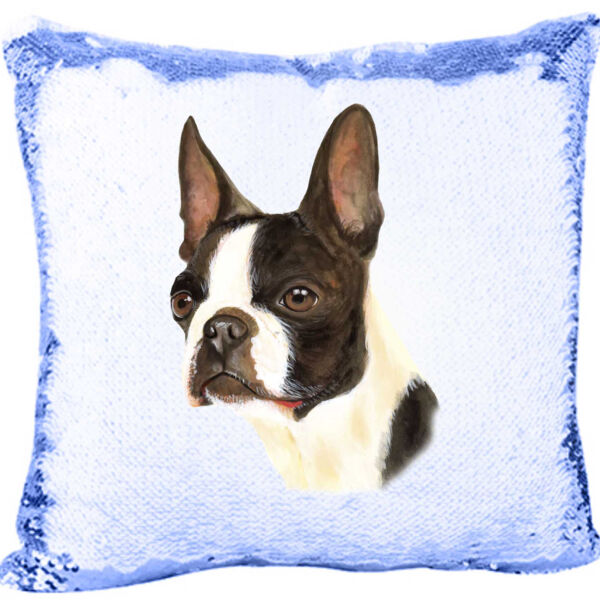 Mermaid Sequin Pillow with American Gentleman Boston Terrier Face Thumbnail