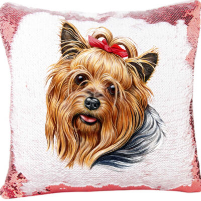 Mermaid Sequin Pillow with Yorkie Image - Add Your Pet's Name  Thumbnail